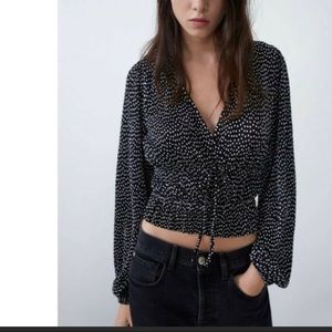 Zara black and while chiffon polka dot balloon sleeve top